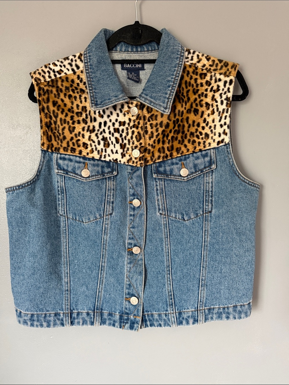 Baccini Women’s Fuzzy Cheetah Print Vintage Denim Vest, XL